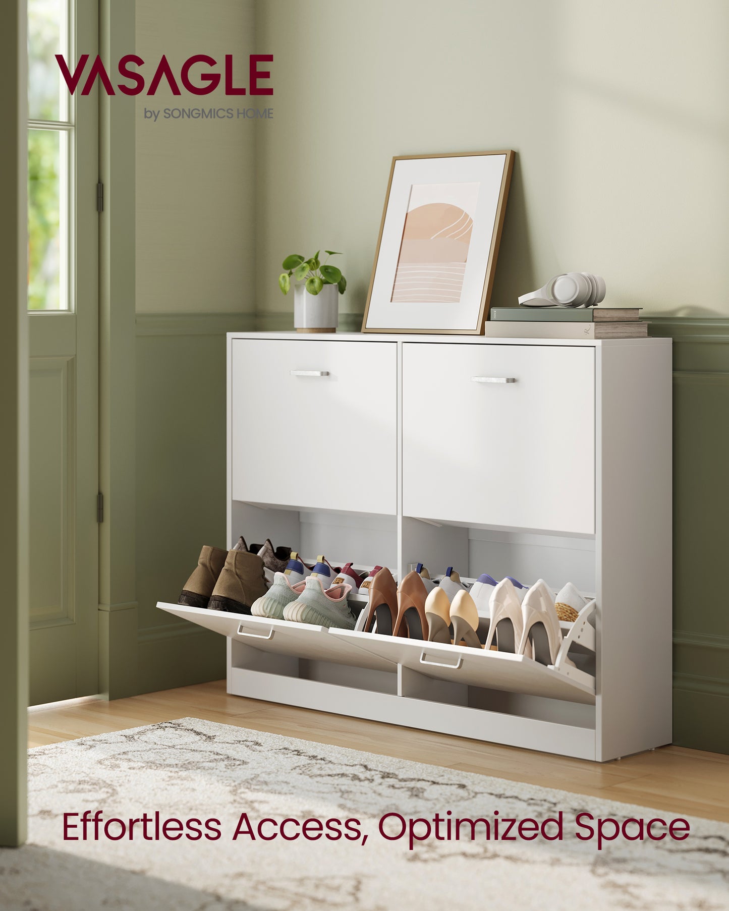 4-Door Flip Shoe Storage Cabinet with Adjustable Shelves, Holds 16-28 Pairs, Space-Saving Organizer, 9.4x41.5x32.6 Inches，Snow White