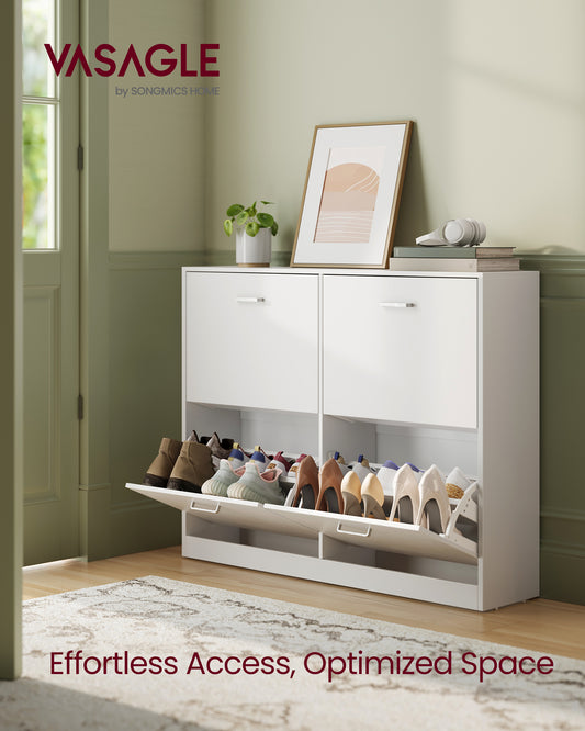 4-Door Flip Shoe Storage Cabinet with Adjustable Shelves, Holds 16-28 Pairs, Space-Saving Organizer, 9.4x41.5x32.6 Inches，Snow White