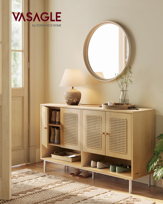 VASAGLE Boho Style Shoe Cabinet - 3-Tier Shoe Storage Organizer with Rattan-Look Doors, Height-Adjustable Shelf, Oak Beige