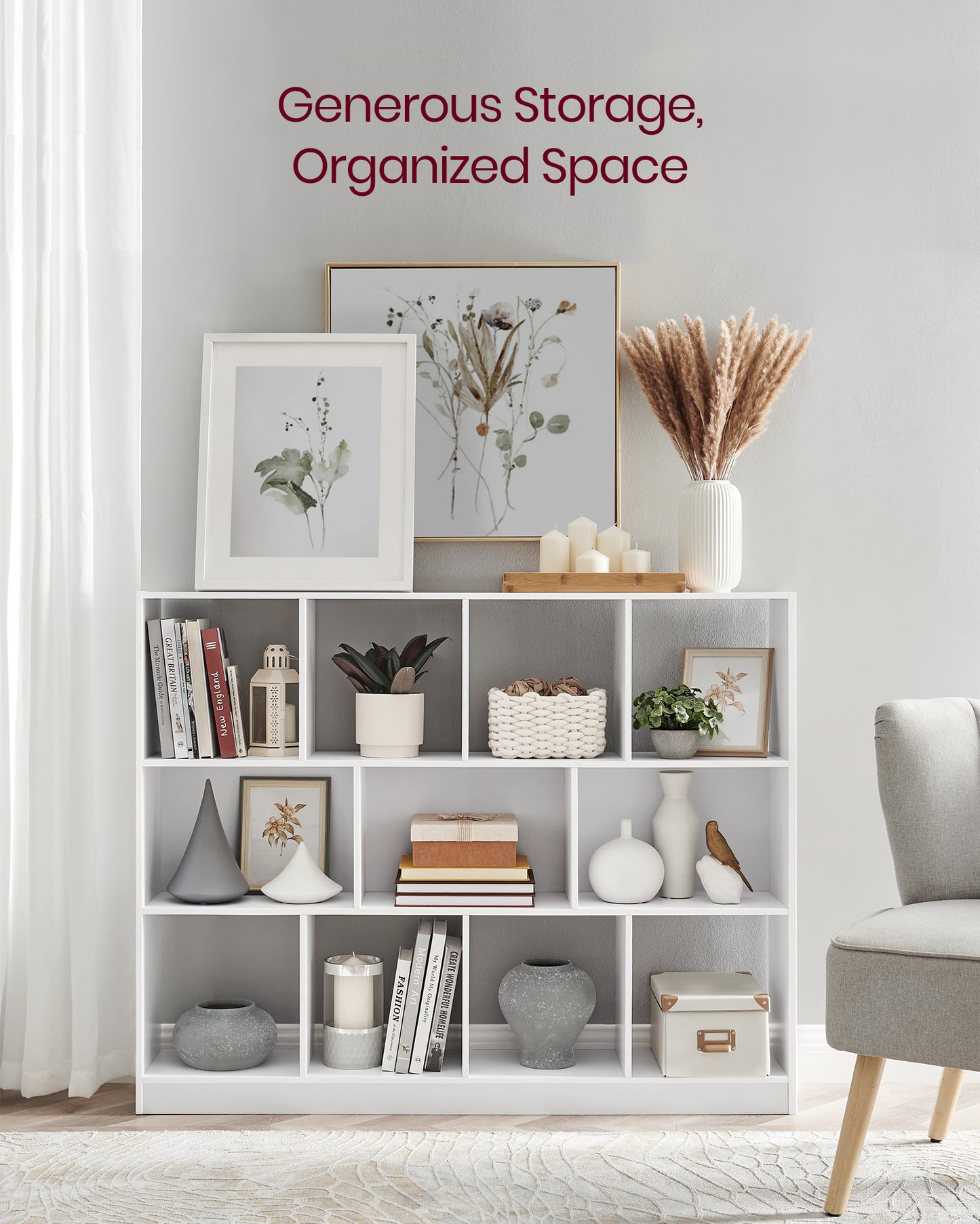 Cube Bookcase, Freestanding Storage Unit with 11 Open Compartments
