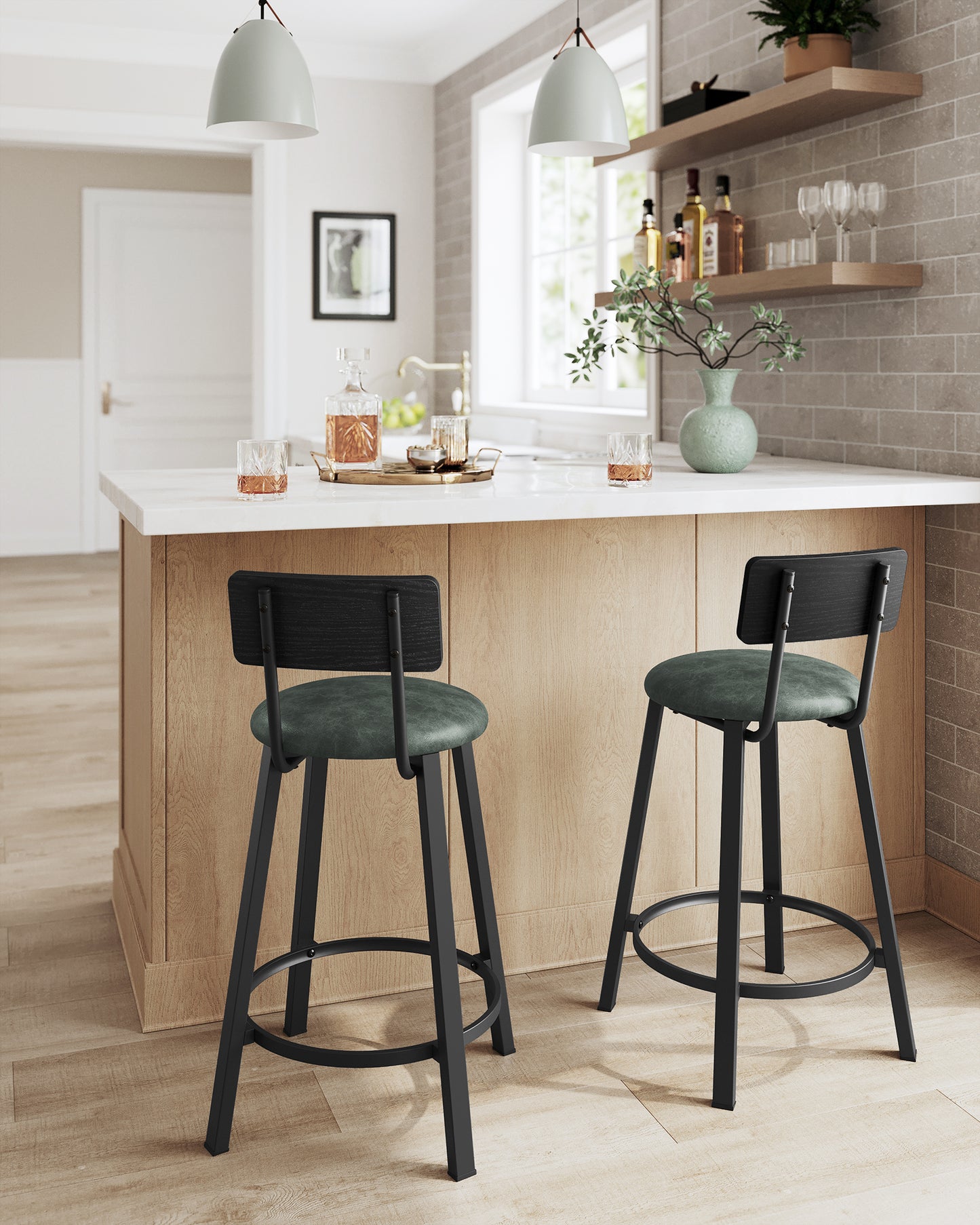 Bar Stools Set of 2, 29.7" PU Upholstered Counter Stools with Backrest & Footrest, Modern Kitchen & Dining Stools, Easy Assembly, Black and Green