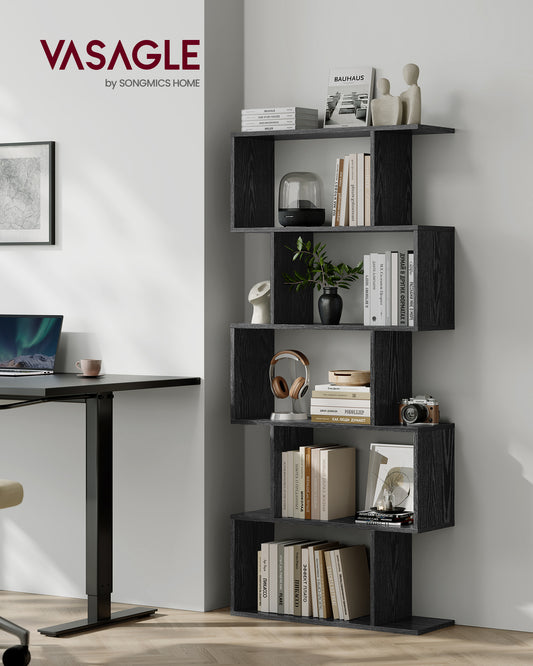 VASAGLE Bookshelf, 5-Tier Bookcase, Tall Display Shelf, Freestanding Storage Shelf, Room Divider Ebony Black