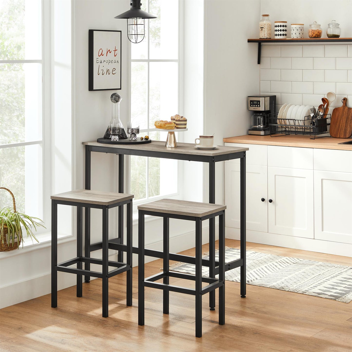 LEDREM Bar Stools, Set of 2 Bar Chairs, Kitchen Breakfast Bar Stools with Footrest, Industrial in Living Room, Party Room, Greige and Black