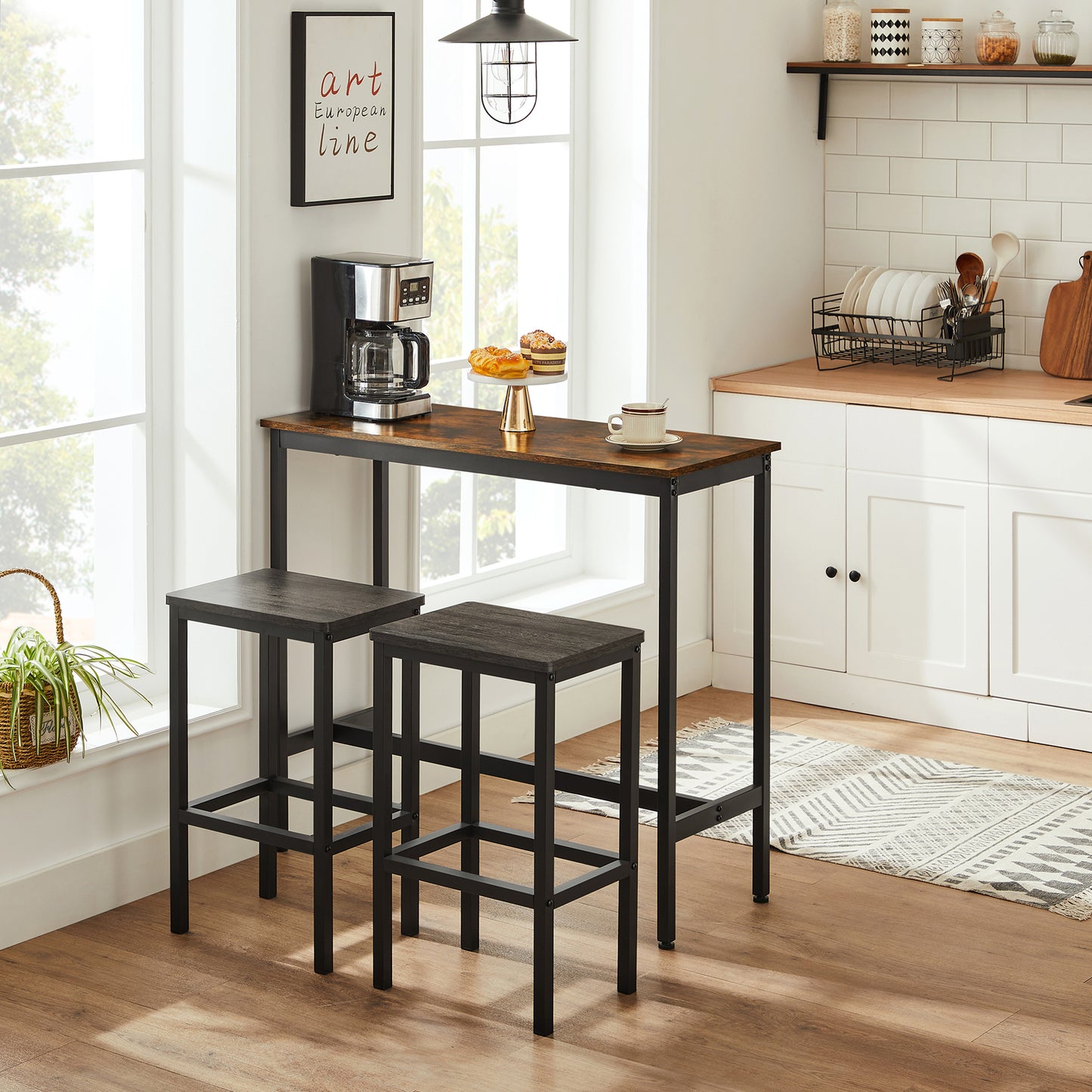 Bar Stools Set of 2 Bar Chairs Kitchen Breakfast Bar Stools with Footrest Industrial in Living Room Party Room Charcoal Gray and Black