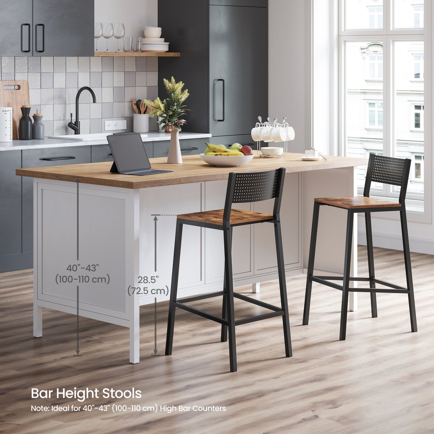 Set of 2 Bar Stools with Backrest, Industrial Design, Rustic Brown & Black