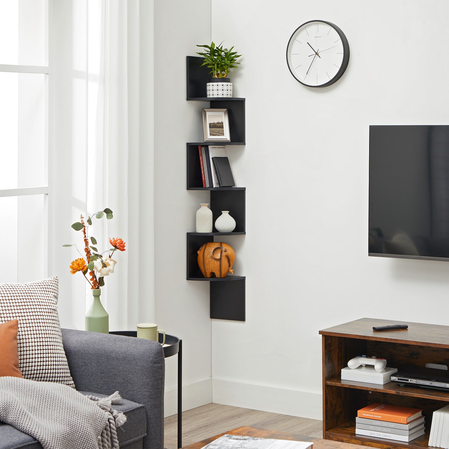 VASAGLE Corner Shelf, 5-Tier Floating Wall Shelf Black