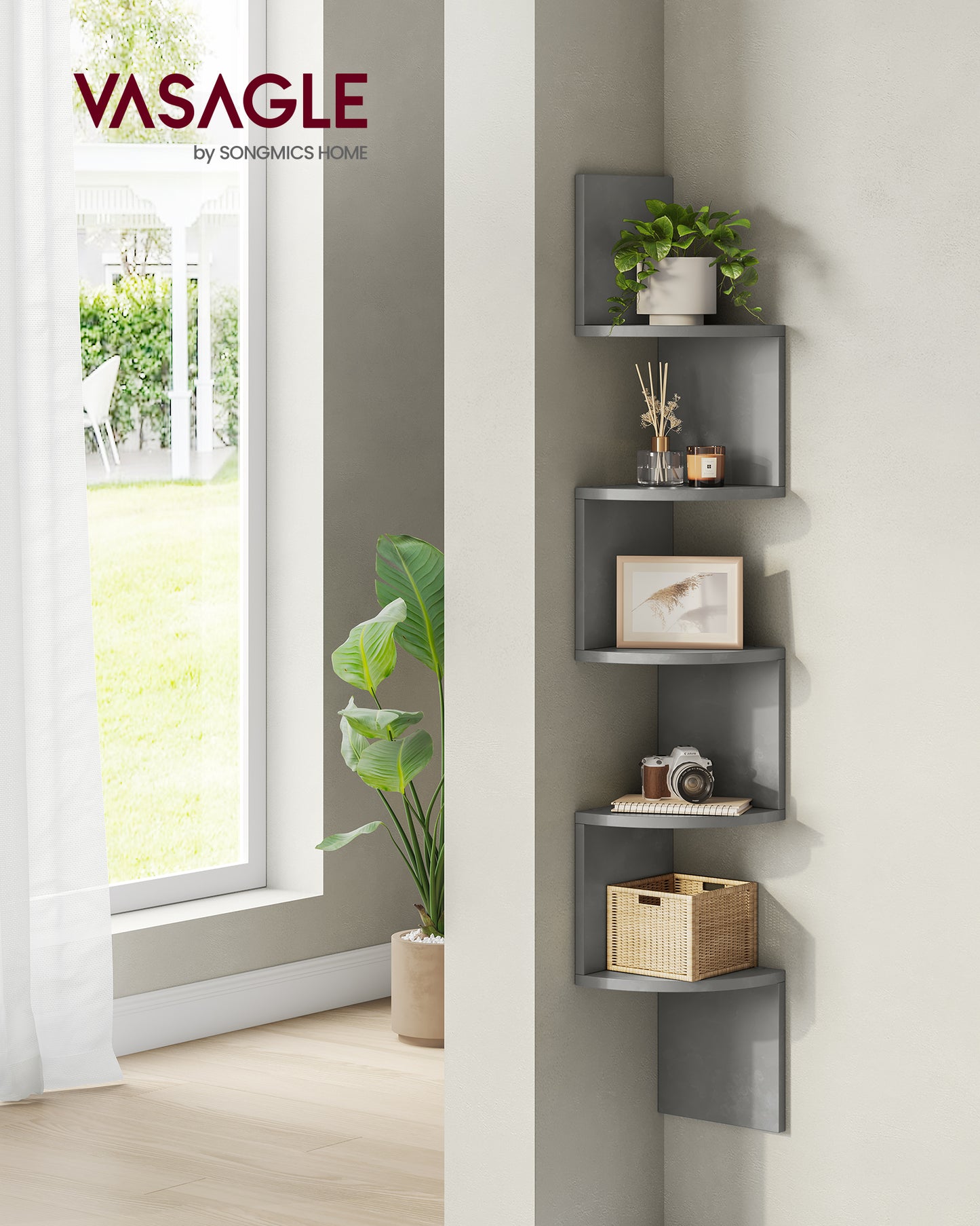 Corner Shelf Wall Mount 5-Tier Floating Corner Bookshelf Plant Shelf for Bedroom Living Room Bathroom Home Office Gray