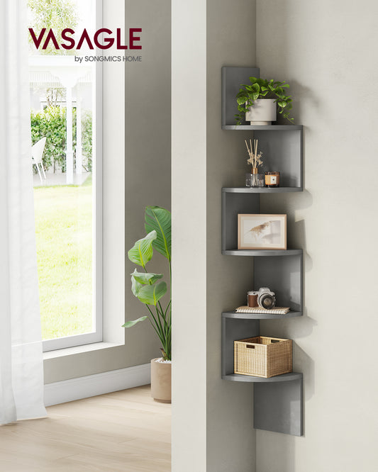 Corner Shelf Wall Mount 5-Tier Floating Corner Bookshelf Plant Shelf for Bedroom Living Room Bathroom Home Office Gray