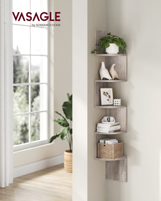 Corner Shelf Wall Mount 5-Tier Floating Corner Bookshelf Plant Shelf for Bedroom Living Room Bathroom Home Office Heather Greige
