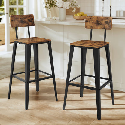 Set of 2 Bar Stools, Bar Height Stools, 29.1 Inches Tall Barstools with Back, Counter Bar Chairs for Kitchen Island, Steel Frame, Industrial Style, Easy Assembly, Rustic Brown and Ink Black