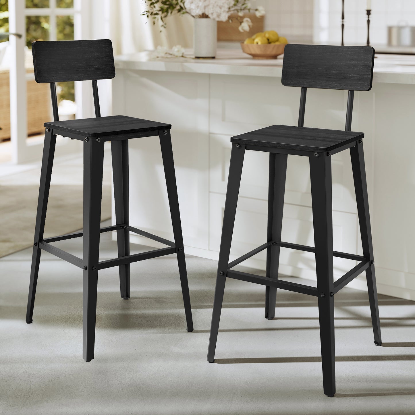 VASAGLE 2 Pack Bar Stools, Bar Height Stools, Tall Bar Stools with Back, Bar Chairs, Steel Frame, Industrial Style, Easy Assembly, Ash Black and Ink Black