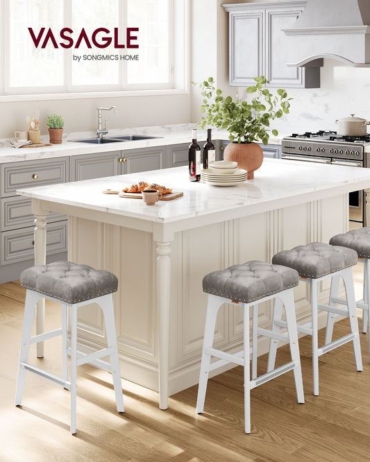 Bar Stools Set of 2, Saddle Counter Height Bar Stools, 26-Inch Backless Kitchen Stools with Wood Legs, PU Leather Thickened Upholstered Barstools for Kitchen Island Dining Room, Dove Gray