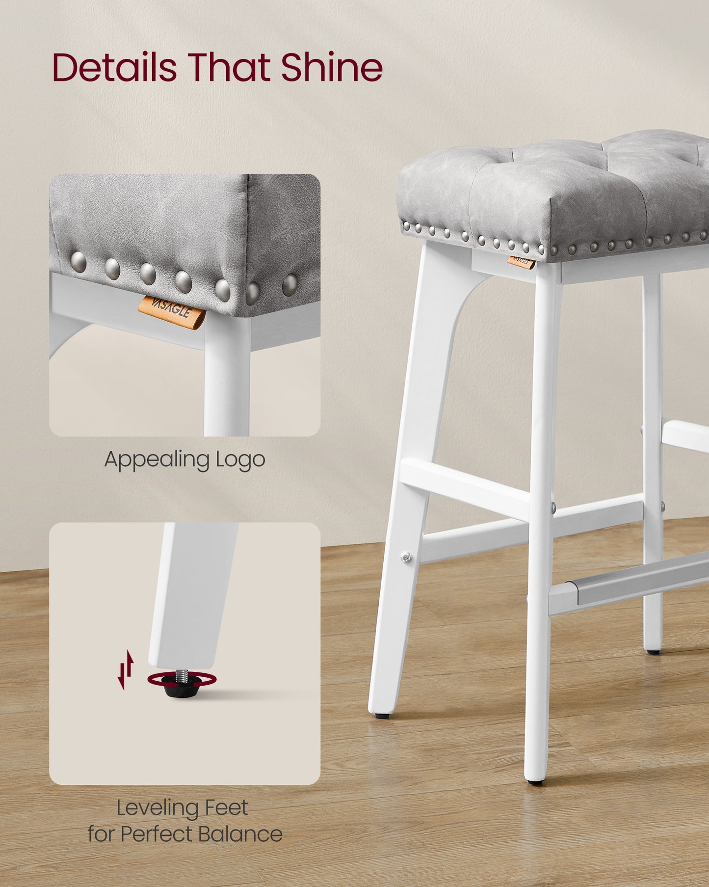 Bar Stools Set of 2, Saddle Counter Height Bar Stools, 26-Inch Backless Kitchen Stools with Wood Legs, PU Leather Thickened Upholstered Barstools for Kitchen Island Dining Room, Dove Gray