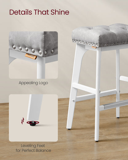 Bar Stools Set of 2, Saddle Counter Height Bar Stools, 26-Inch Backless Kitchen Stools with Wood Legs, PU Leather Thickened Upholstered Barstools for Kitchen Island Dining Room, Dove Gray