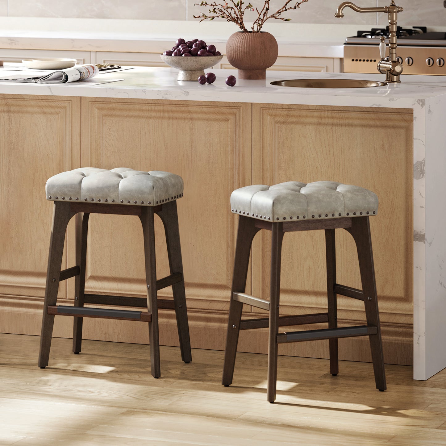 VASAGLE Bar Stools Set of 2, Counter Height Bar Stools Alicio Upholstered 26'' Counter Stool with Metal Frame, Cappuccino Beige