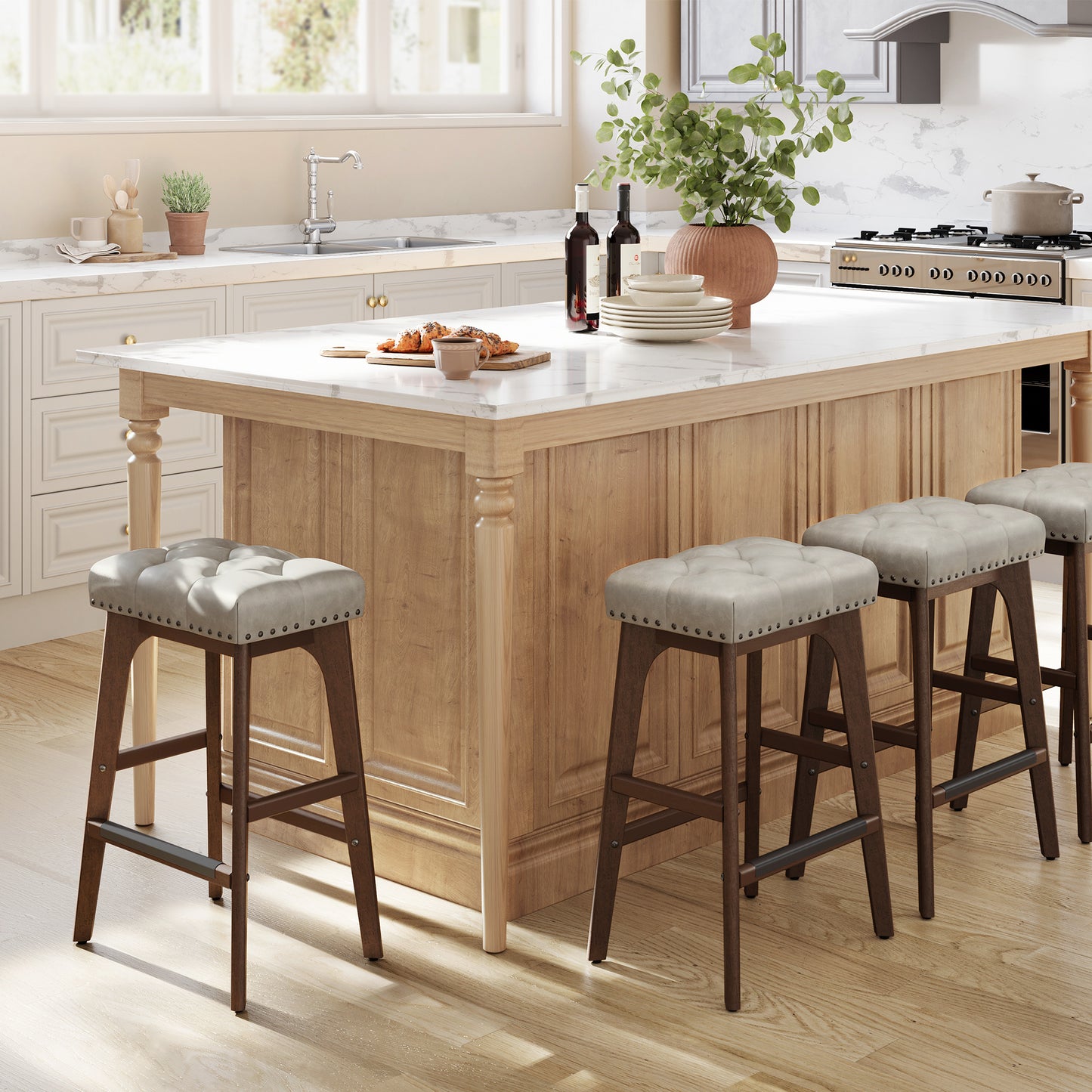 VASAGLE Bar Stools Set of 2, Counter Height Bar Stools Alicio Upholstered 26'' Counter Stool with Metal Frame, Cappuccino Beige