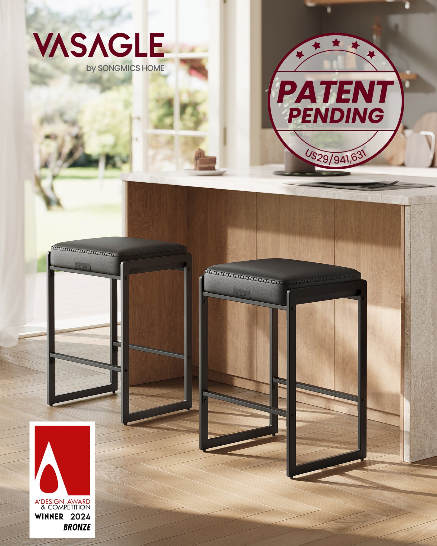 Bar Stools Set of 2, Counter Height Bar Stools, Synthetic Leather with Stitching, 26-Inch Tall, Ink Black