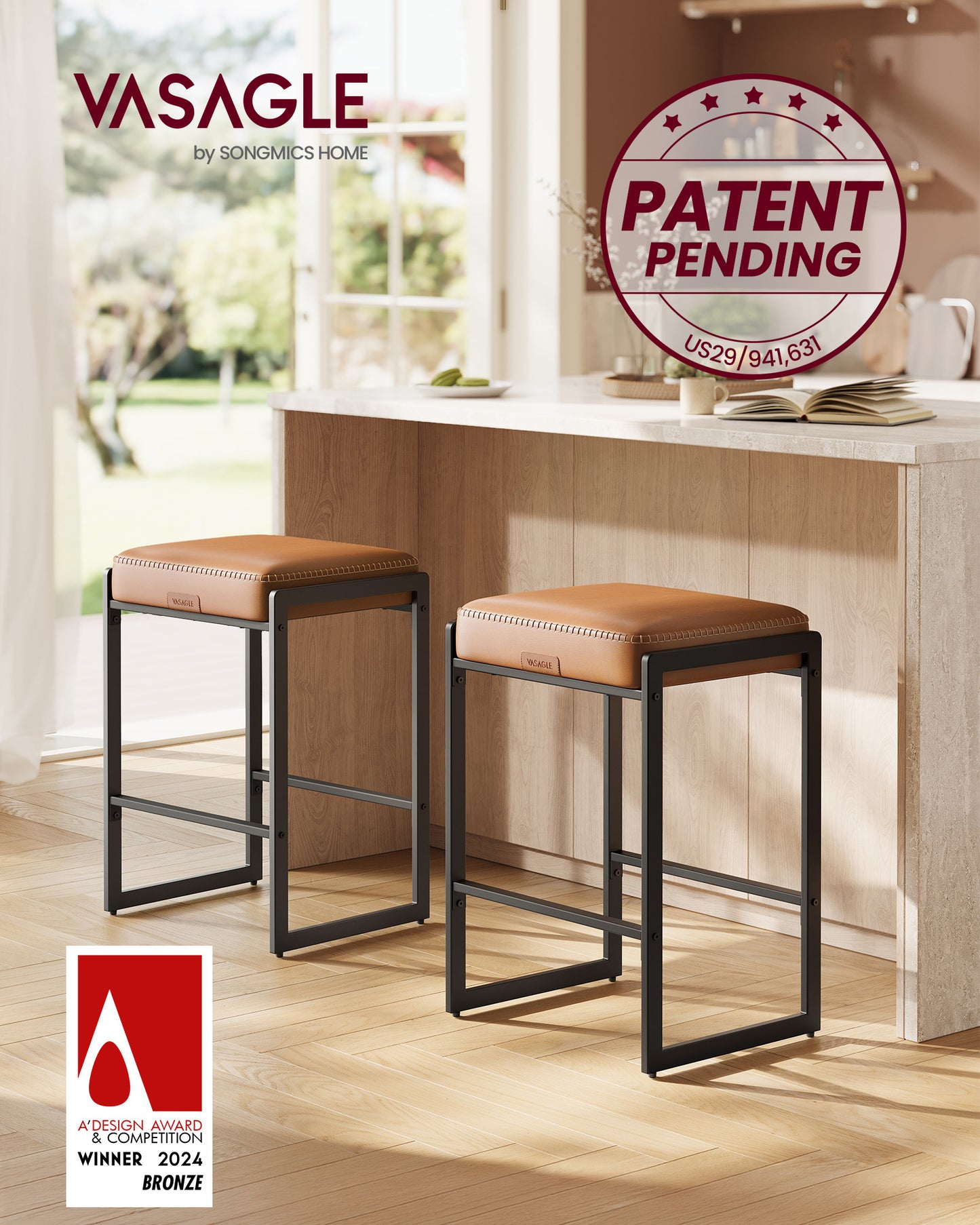 VASAGLE Bar Stools Set of 2, Counter Height Bar Stools, Synthetic Leather with Stitching Caramel Brown - EKHO Collection
