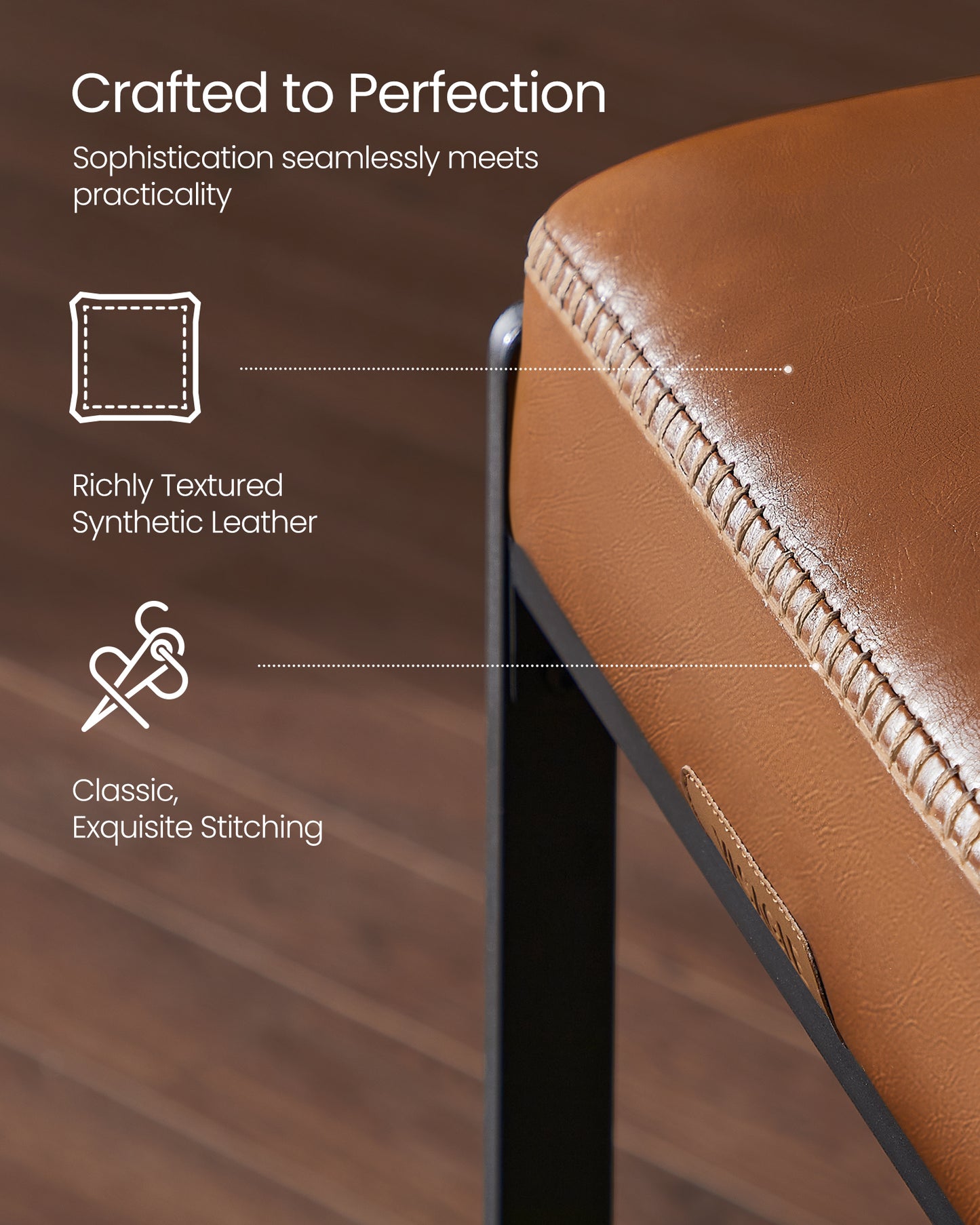 VASAGLE Bar Stools Set of 2, Counter Height Bar Stools, Synthetic Leather with Stitching Caramel Brown - EKHO Collection