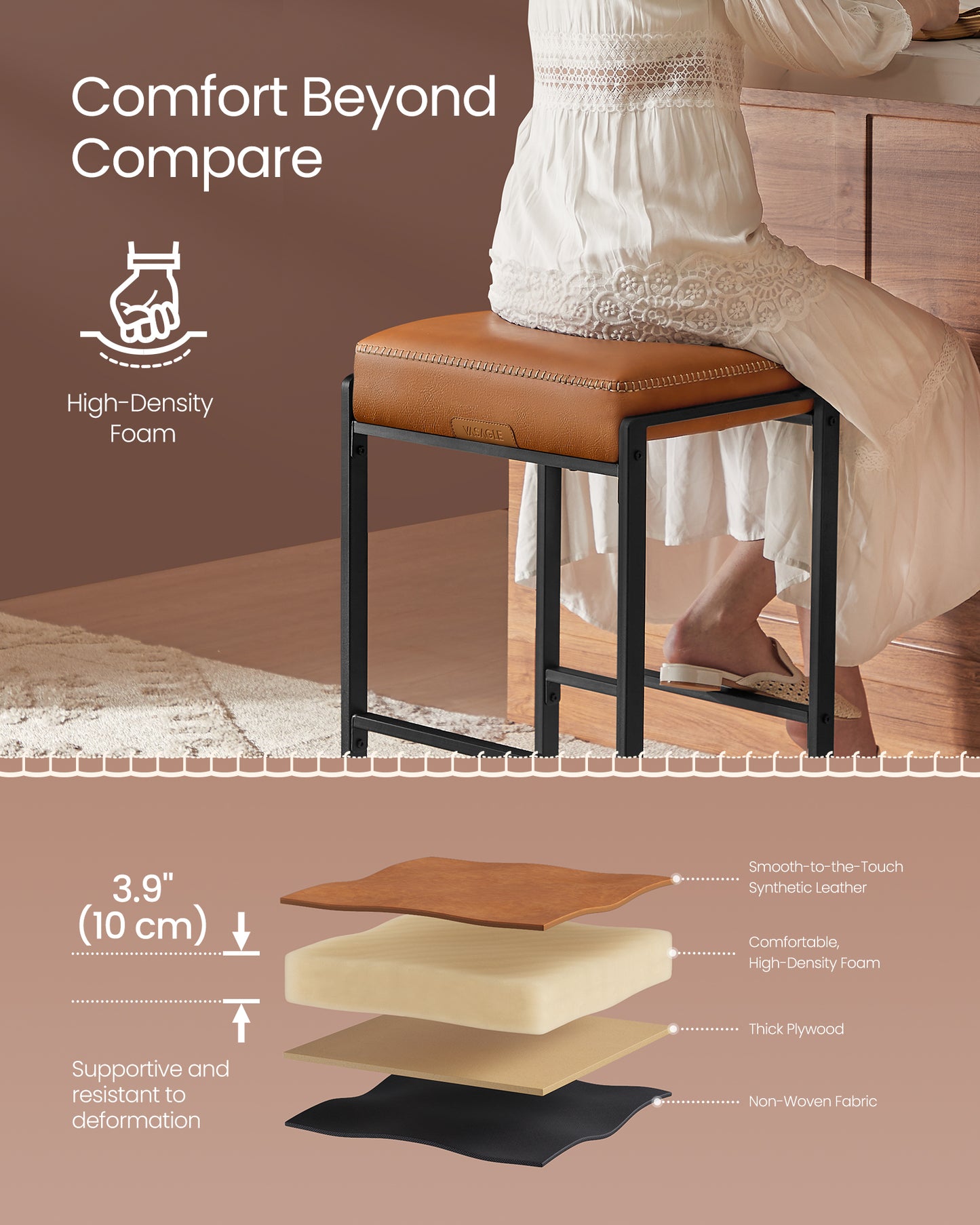 VASAGLE Bar Stools Set of 2, Counter Height Bar Stools, Synthetic Leather with Stitching Caramel Brown - EKHO Collection