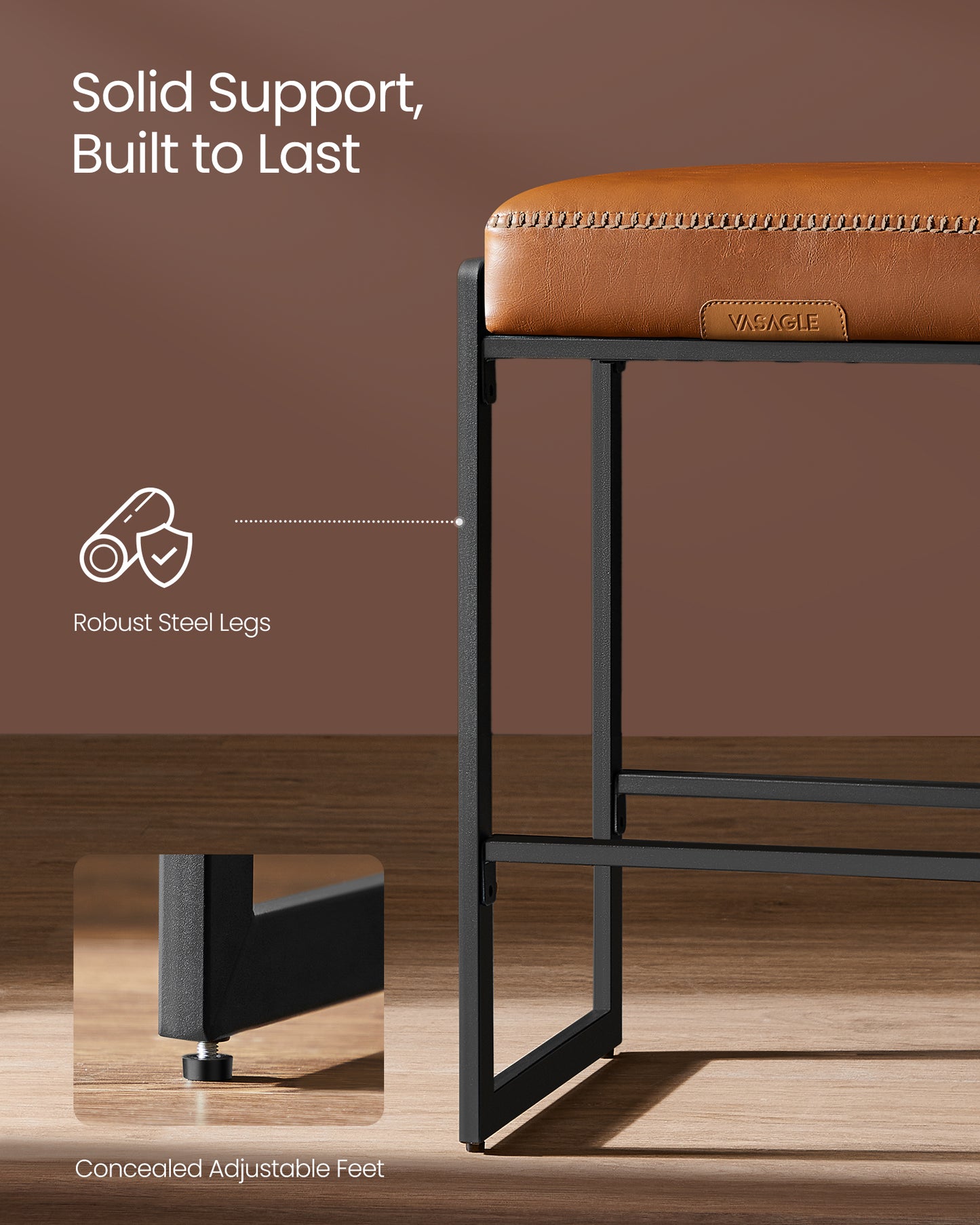 VASAGLE Bar Stools Set of 2, Counter Height Bar Stools, Synthetic Leather with Stitching Caramel Brown - EKHO Collection