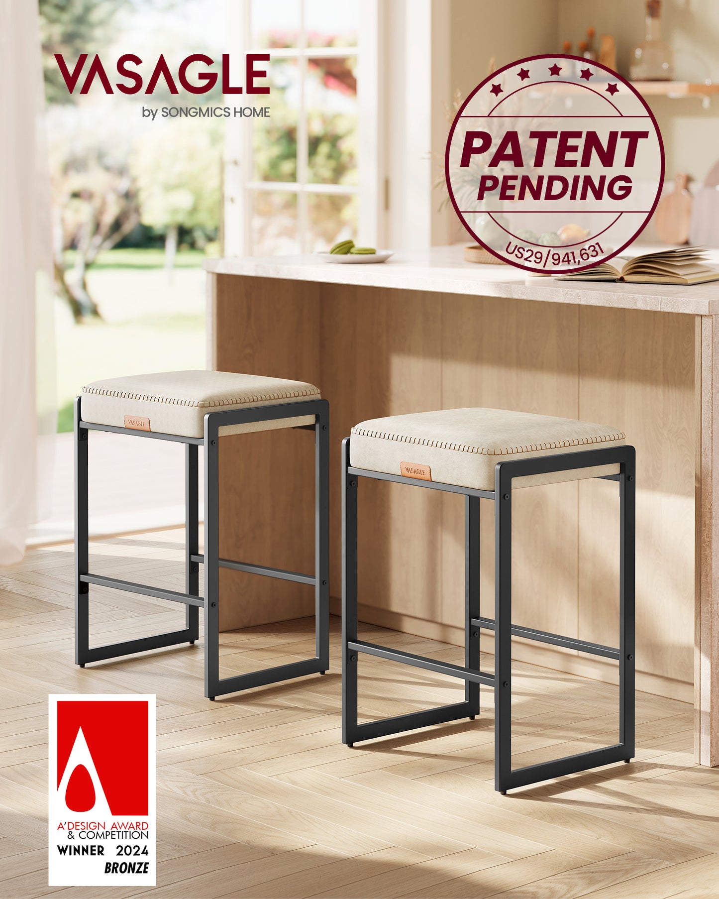 EKHO Collection - Set of 2 Counter Height Bar Stools, Mid-Century Modern Design, Synthetic Leather with Stitching, 26-Inch Tall, Cream White