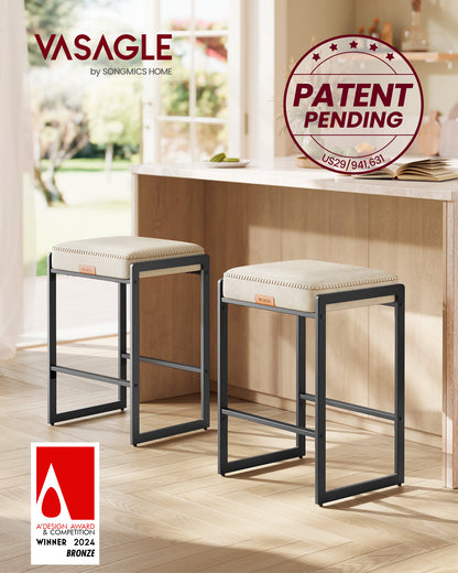 EKHO Collection - Set of 2 Counter Height Bar Stools, Mid-Century Modern Design, Synthetic Leather with Stitching, 26-Inch Tall, Cream White