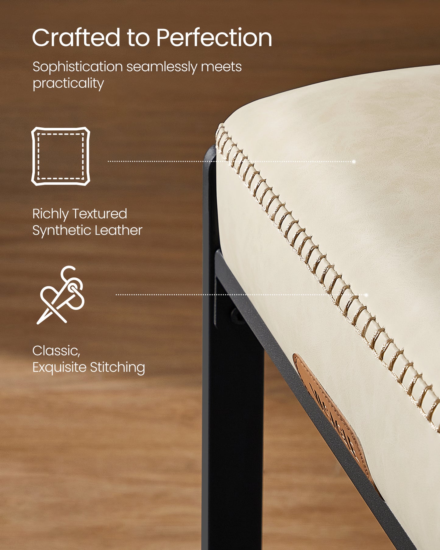 EKHO Collection - Set of 2 Counter Height Bar Stools, Mid-Century Modern Design, Synthetic Leather with Stitching, 26-Inch Tall, Cream White