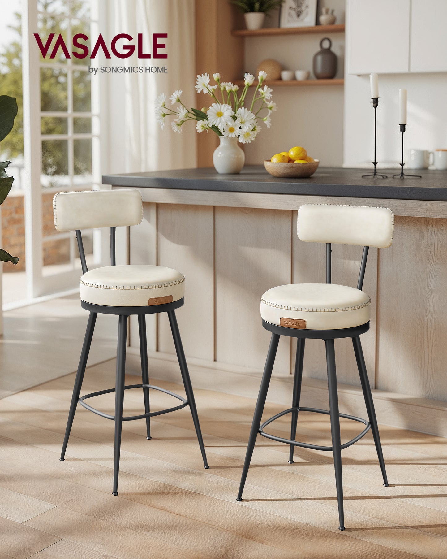 Set of 2 Cream White Bar Stools with Back, 360° Swivel Counter Height Stools, Mid-Century Modern Design, PU Leather Upholstery, 25.6 Inch