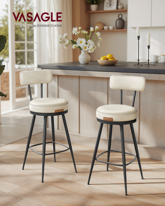 Set of 2 Cream White Bar Stools with Back, 360° Swivel Counter Height Stools, Mid-Century Modern Design, PU Leather Upholstery, 25.6 Inch