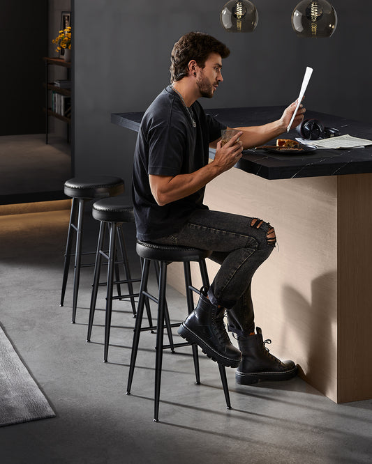 Bar Stools Set of 2, Bar Height Bar Stools, Kitchen Counter Stools, Mid-Century Modern Backless Counter Stools, 30-Inch Tall, Kitchen Island Home Bar, Ink Black