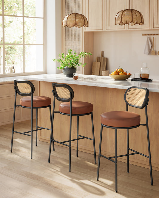 Bar Stools Set of 2, Bar Height Stools with Rattan Back and Metal Legs, 30.1-Inch Tall Counter Chairs, Modern Leather Upholstered Barstools for Kitchen Island Dining Room, Caramel Brown