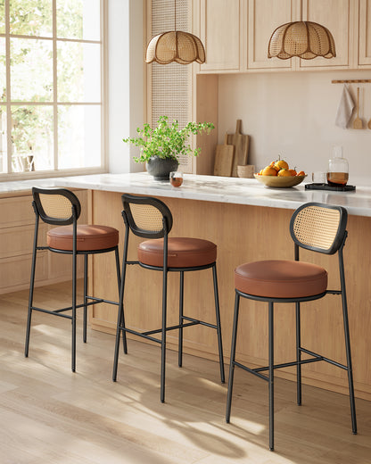 Bar Stools Set of 2, Bar Height Stools with Rattan Back and Metal Legs, 30.1-Inch Tall Counter Chairs, Modern Leather Upholstered Barstools for Kitchen Island Dining Room, Caramel Brown