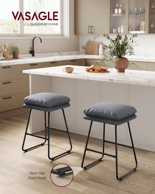 Set of 2 Bar Stools with Padded Seat & Sled Base, Counter Height Stools in Synthetic Leather, Steel Frame, Slate Gray, 25.6" Height