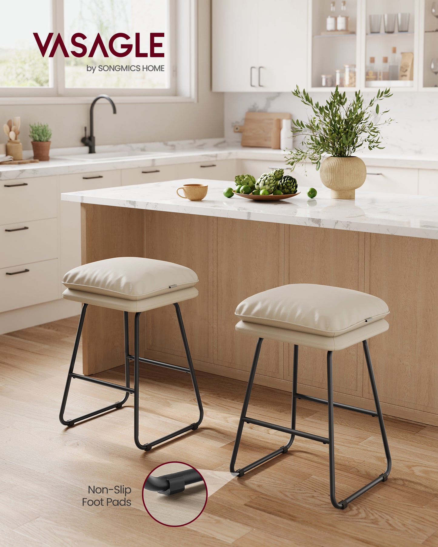 Set of 2 Modern Counter Height Bar Stools, Faux Leather Upholstery with Soft Cushion & Metal Sled Base, 25.6 Inch, Cappuccino Beige