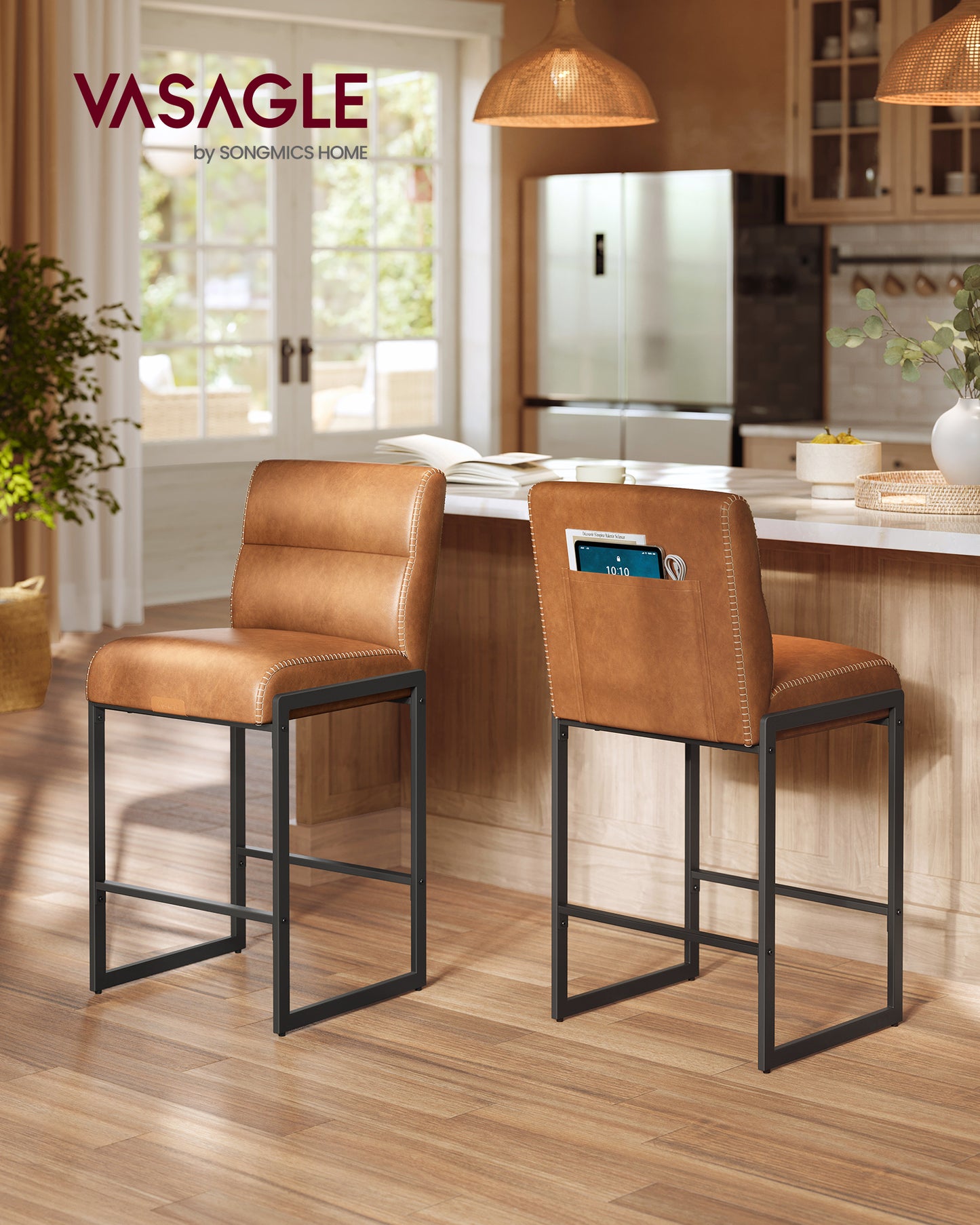 Set of 2 Mid-Century Modern Bar Stools with Backs, 26.4 Inch Counter Height Stools with Storage Pocket, Caramel Brown