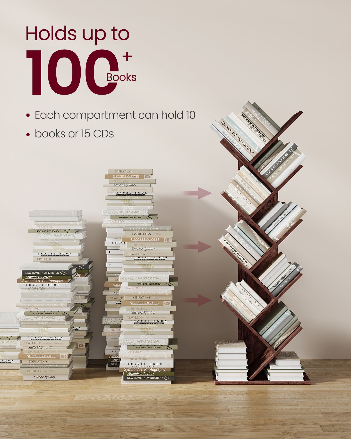 VASAGLE Tree Bookshelf, 9 Shelf Floor Standing Tree Bookshelf, with Shelves for Living Room, Home Office,Walnut