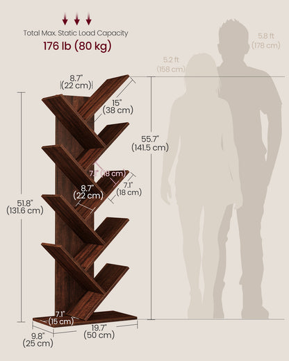 VASAGLE Tree Bookshelf, 9 Shelf Floor Standing Tree Bookshelf, with Shelves for Living Room, Home Office,Walnut