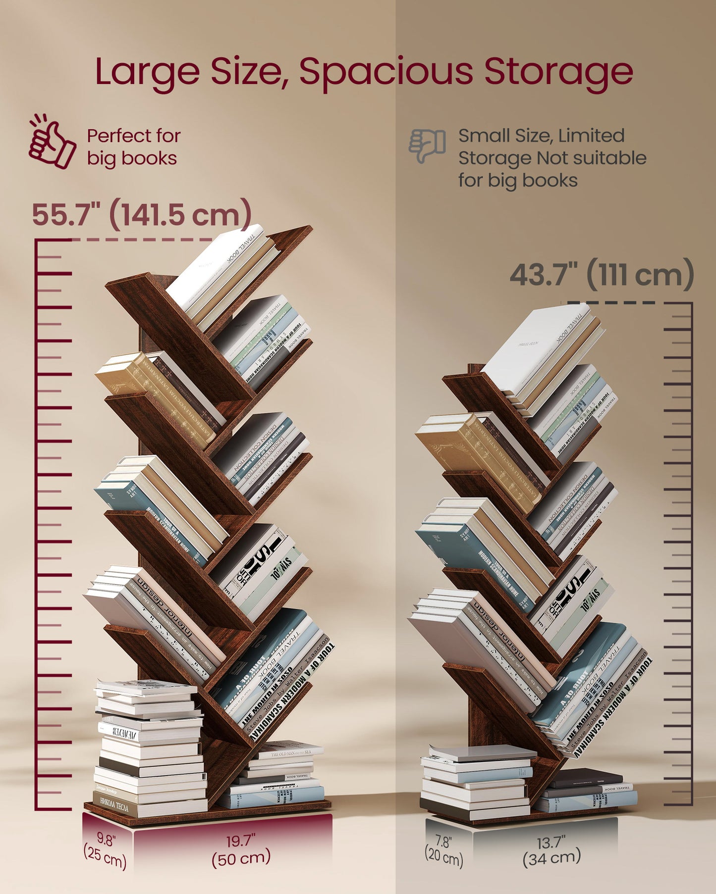VASAGLE Tree Bookshelf, 9 Shelf Floor Standing Tree Bookshelf, with Shelves for Living Room, Home Office,Walnut
