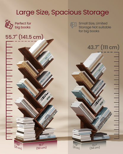 VASAGLE Tree Bookshelf, 9 Shelf Floor Standing Tree Bookshelf, with Shelves for Living Room, Home Office,Walnut