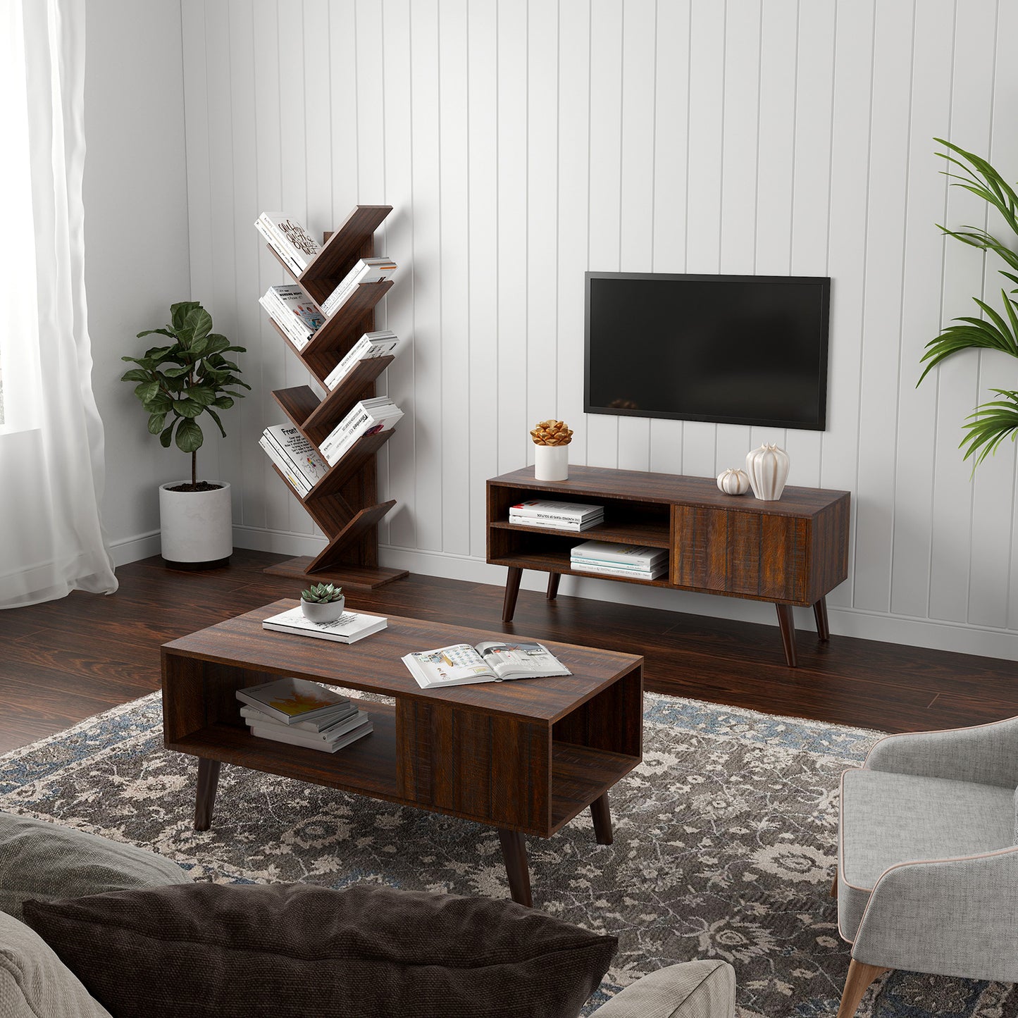 VASAGLE Tree Bookshelf, 9 Shelf Floor Standing Tree Bookshelf, with Shelves for Living Room, Home Office,Walnut