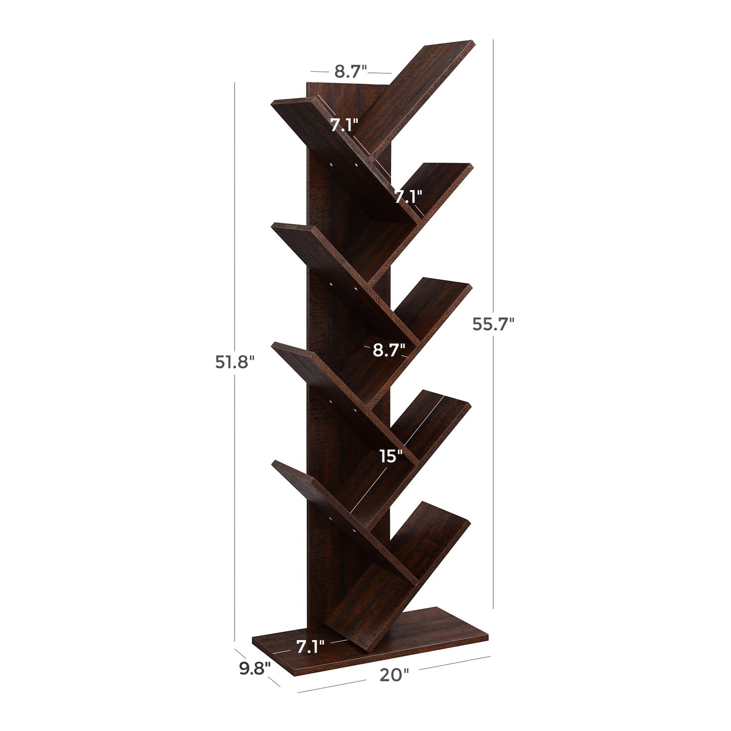 VASAGLE Tree Bookshelf, 9 Shelf Floor Standing Tree Bookshelf, with Shelves for Living Room, Home Office,Walnut