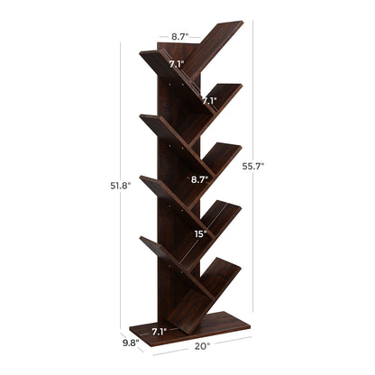 VASAGLE Tree Bookshelf, 9 Shelf Floor Standing Tree Bookshelf, with Shelves for Living Room, Home Office,Walnut