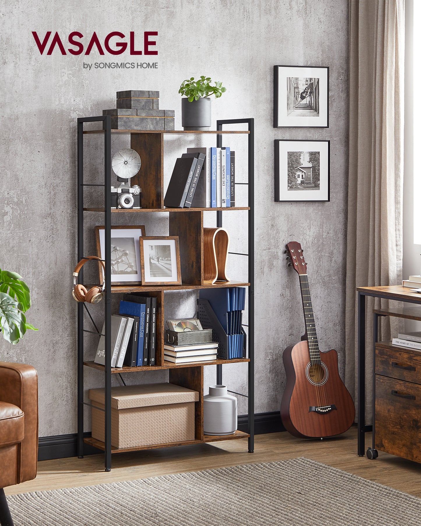 5-Tier Bookcase, Ladder Bookshelf, Display Shelf with Open Compartments for Home Office,Rustic Brown