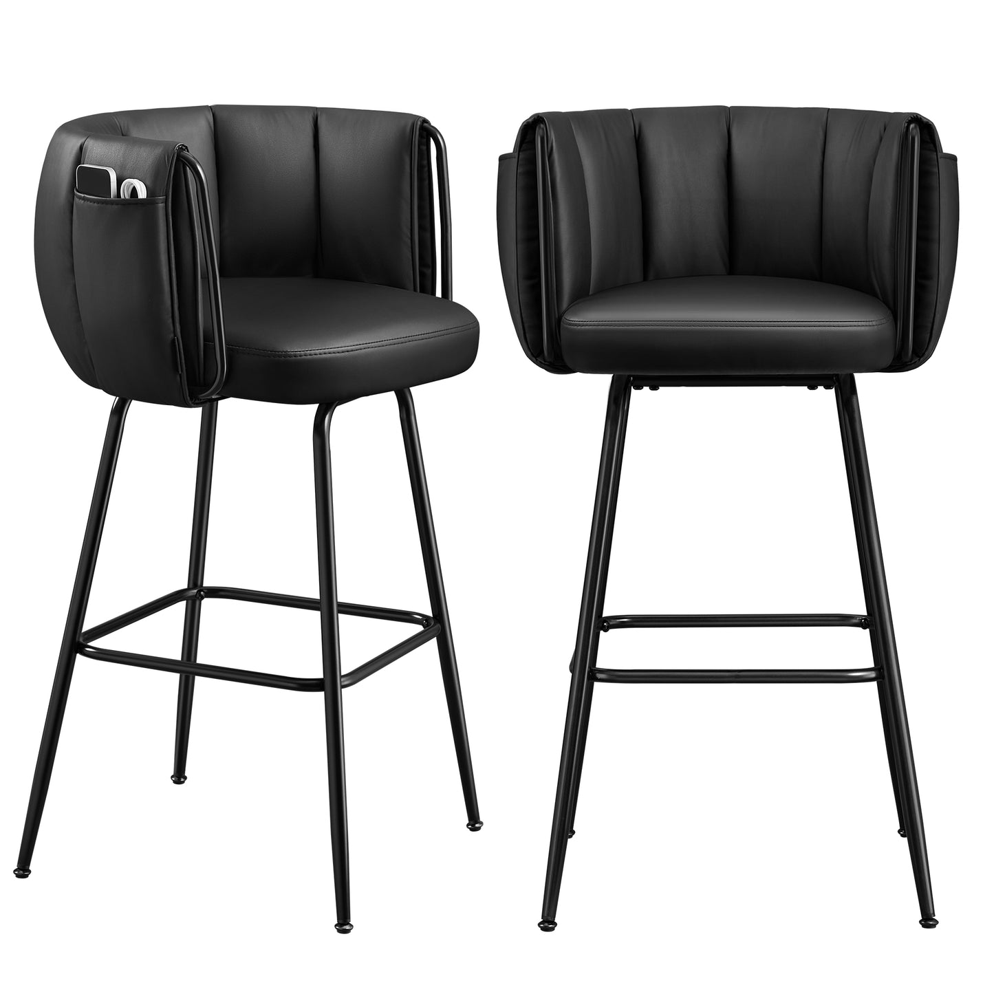 Set of 2 Upholstered Bar Stools with 360° Swivel Seat & Storage Pockets, Curved Back and Footrest, 265 lb Capacity Counter Height Stools, Ink Black