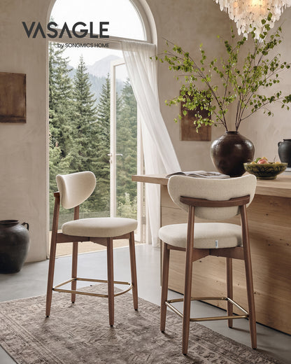VASAGLE Wooden Bar Stools Set of 2, Upholstered Counter Height Barstools with Solid Wood Legs, Ergonomic Backrest, Linen-Look Fabric, Cappuccino