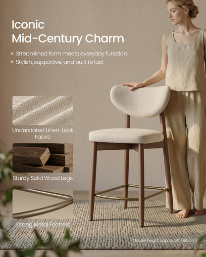 VASAGLE Wooden Bar Stools Set of 2, Upholstered Counter Height Barstools with Solid Wood Legs, Ergonomic Backrest, Linen-Look Fabric, Cappuccino