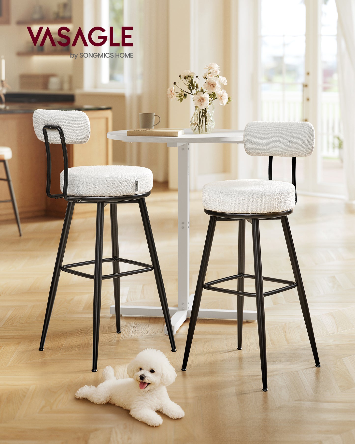 Set of 2 Modern Swivel Bar Stools with Boucle Fabric, 360° Rotation and Wide Seat, 30.1" Bar Height Stools with Backrest, Cloud White