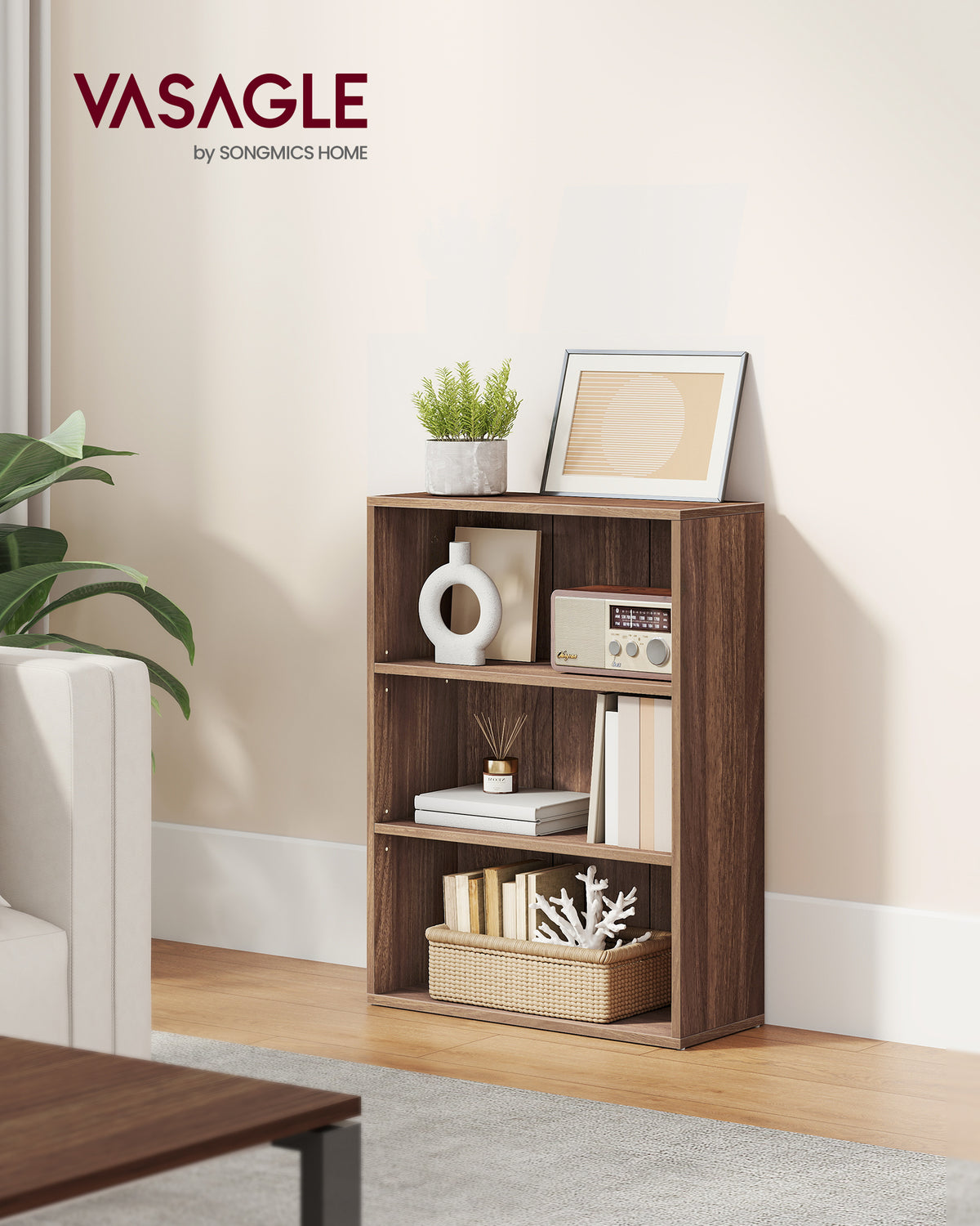 VASAGLE CUSTOS Collection - Bookshelf, 3-Tier Bookcase, Book Shelf, Open Storage Shelf, for Living Room, Home Office, Dining Room, Natural Walnu