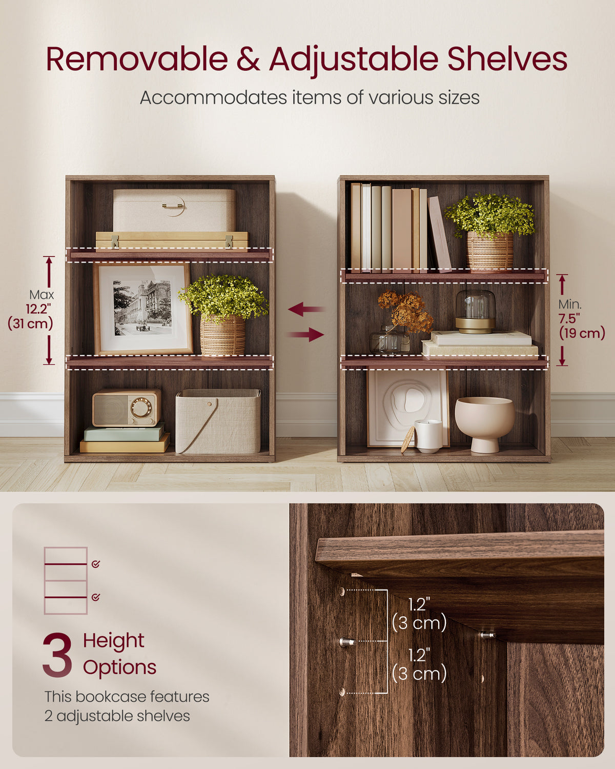 VASAGLE CUSTOS Collection - Bookshelf, 3-Tier Bookcase, Book Shelf, Open Storage Shelf, for Living Room, Home Office, Dining Room, Natural Walnu
